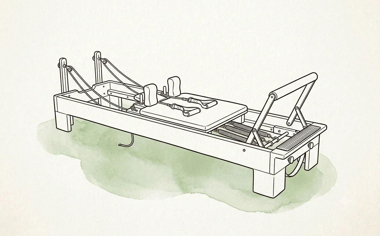 Line diagram of a Pilates reformer showing the carriage, footbar, shoulder blocks and spring system