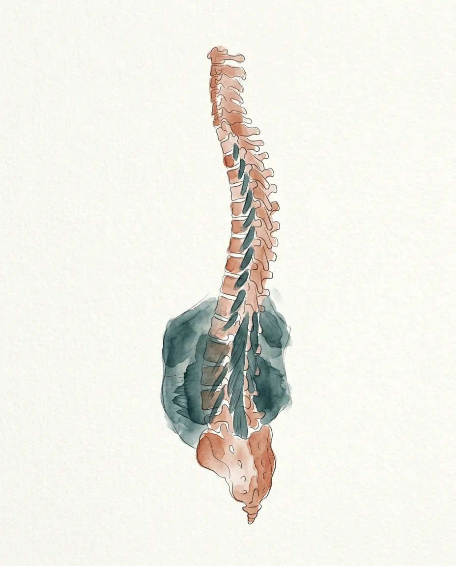 Watercolour illustration of the spine and the deep core muscles that support it